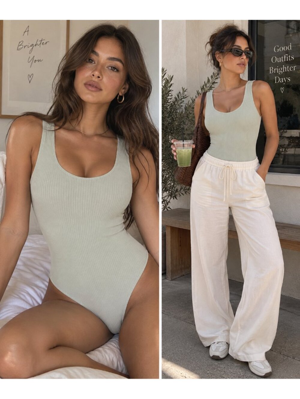 MIKEY & JOEY Fitted Double V-Neck NEW Anthropologie Sage Green Bodysuit Summer M